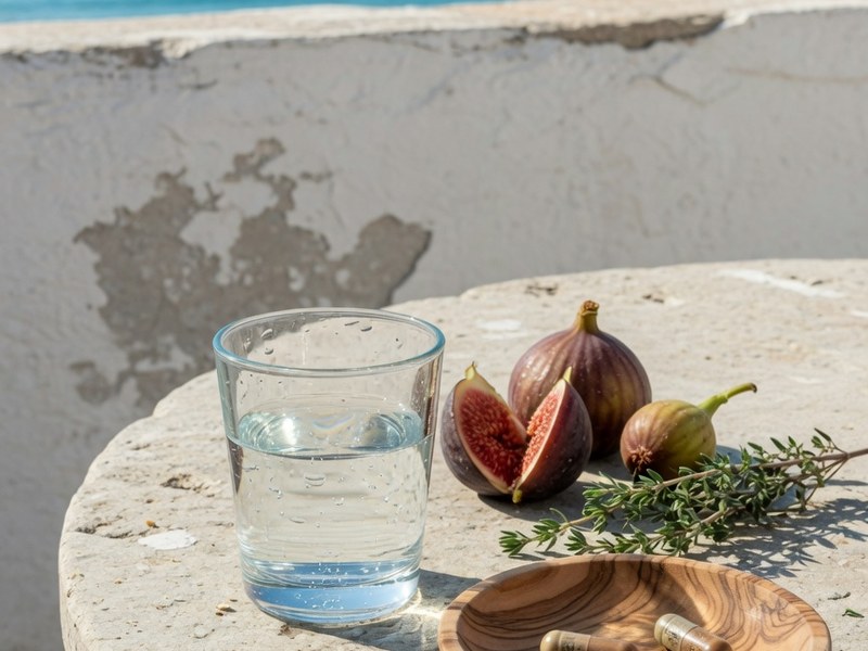 Ποτήρι νερό και δύο κάψουλες σε ξύλινο πιατάκι σε πέτρινο τραπέζι βεράντας δίπλα στη θάλασσα