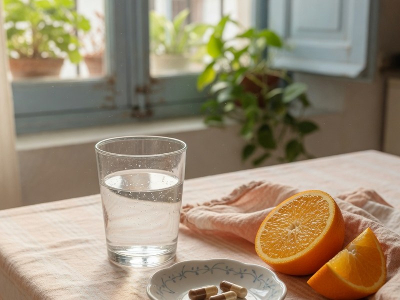 Vaso de agua y dos cápsulas en un plato sobre una mesa de desayuno con luz de mañana