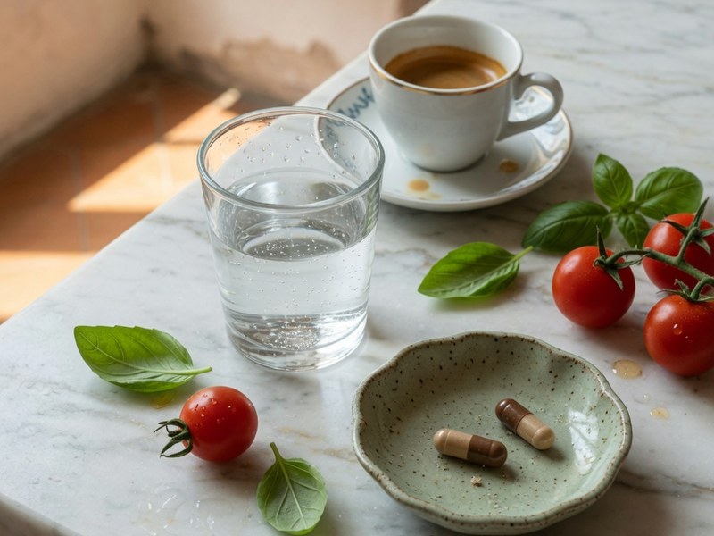 Bicchiere d’acqua e due capsule in un piattino su un piano di marmo con basilico e pomodorini