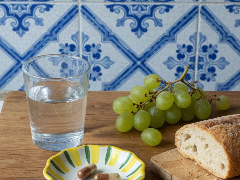 Copo de água e duas cápsulas num pratinho, numa mesa de madeira diante de uma parede de azulejos